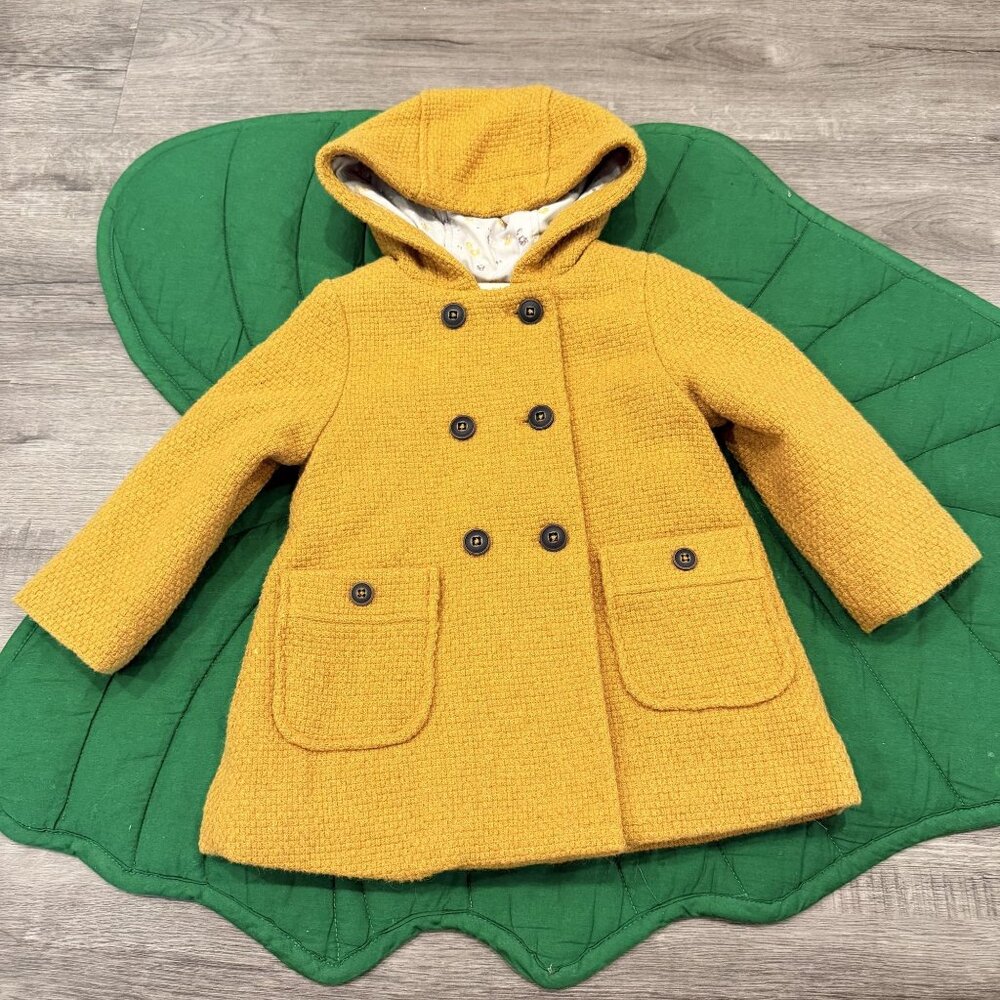 Zara Baby Girl Yellow Hooded Double-Breasted Coat 12/18M With Floral Lining